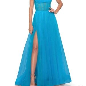 La Femme 31502 A-line gown in Aqua.